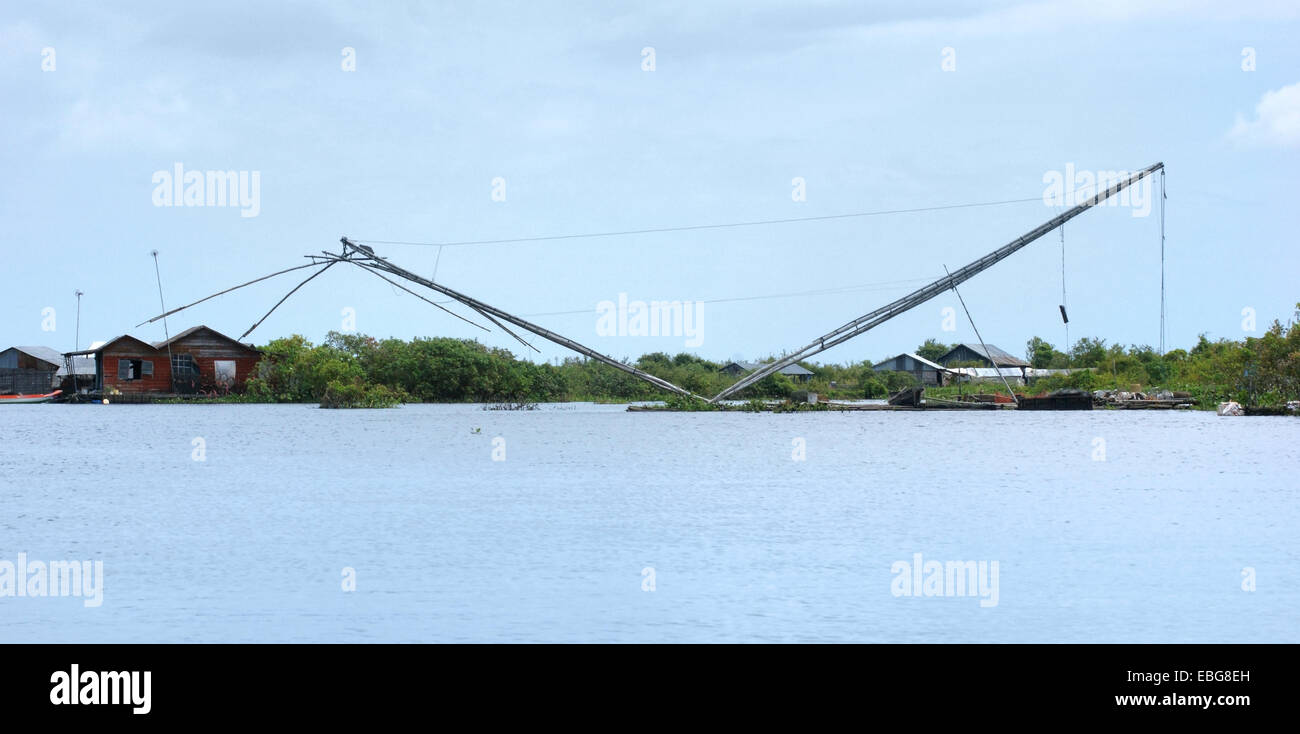 waterside scenery with rural fishing equipment at the Tonle Sap, a river in Cambodia Stock Photo