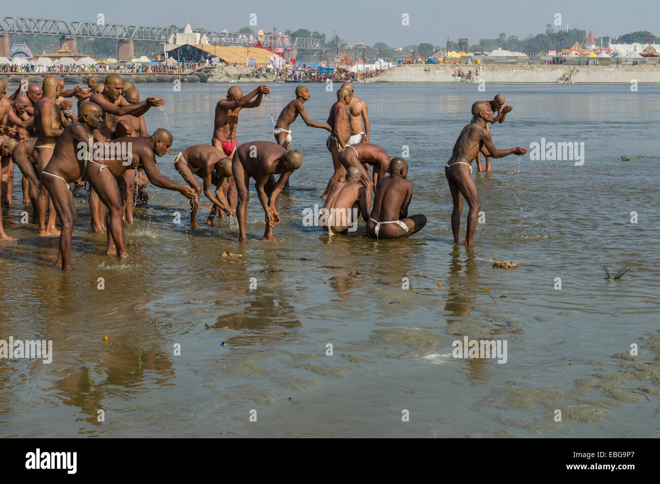Group of new sadhus praying in the river Ganges as part of their initiation, during Kumbha Mela festival, Allahabad Stock Photo