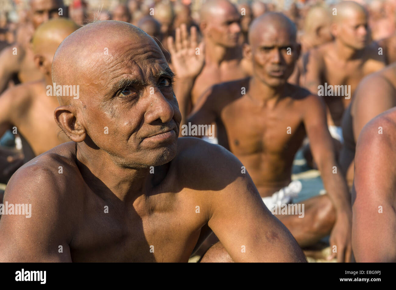 Man joining the initiation of new sadhus, during Kumbha Mela festival, Allahabad, Uttar Pradesh, India Stock Photo