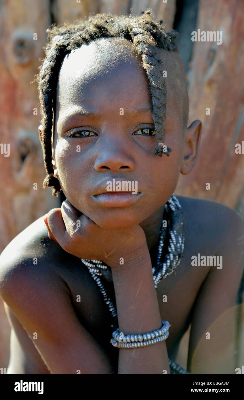 Himba girl, portrait, Omohanja, Kaokoland, Kunene, Namibia Stock Photo