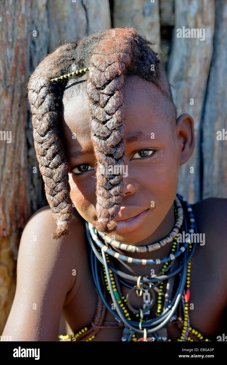 Himba girl, portrait, Omohanja, Kaokoland, Kunene, Namibia Stock Photo