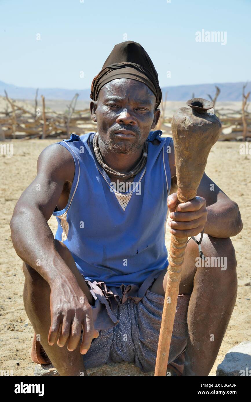 Himba man, Purros Traditional Village, Purros, Kaokoland, Kunene, Namibia Stock Photo