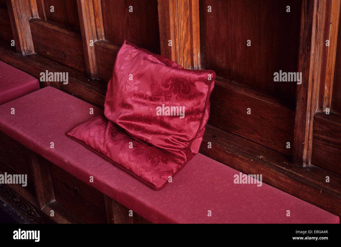 Shiny Deep Red Cushion Propped On Wooden Bench With Long Foam