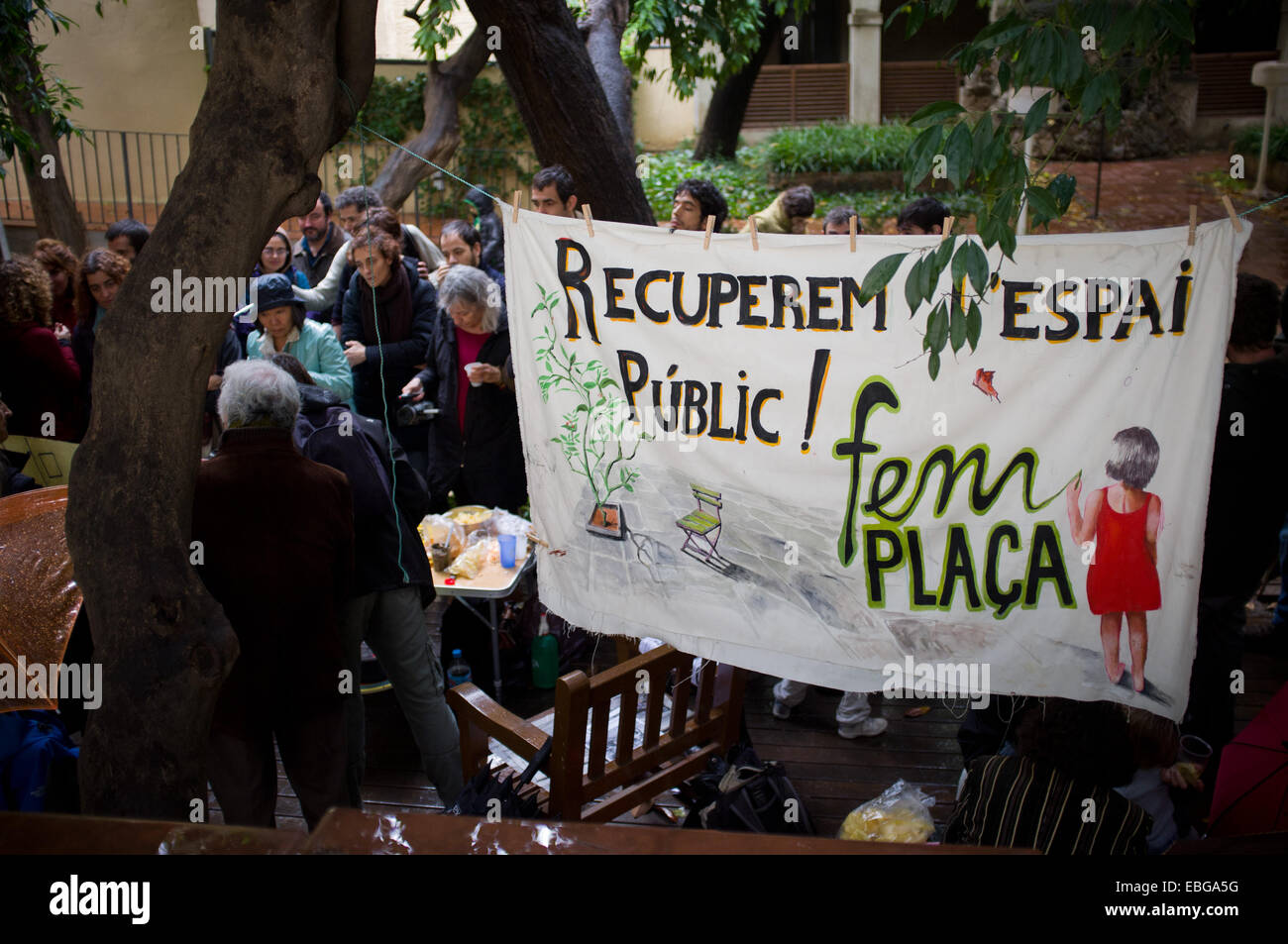 Neighborhood protest in Barcelona requiring public spaces for residents. Stock Photo