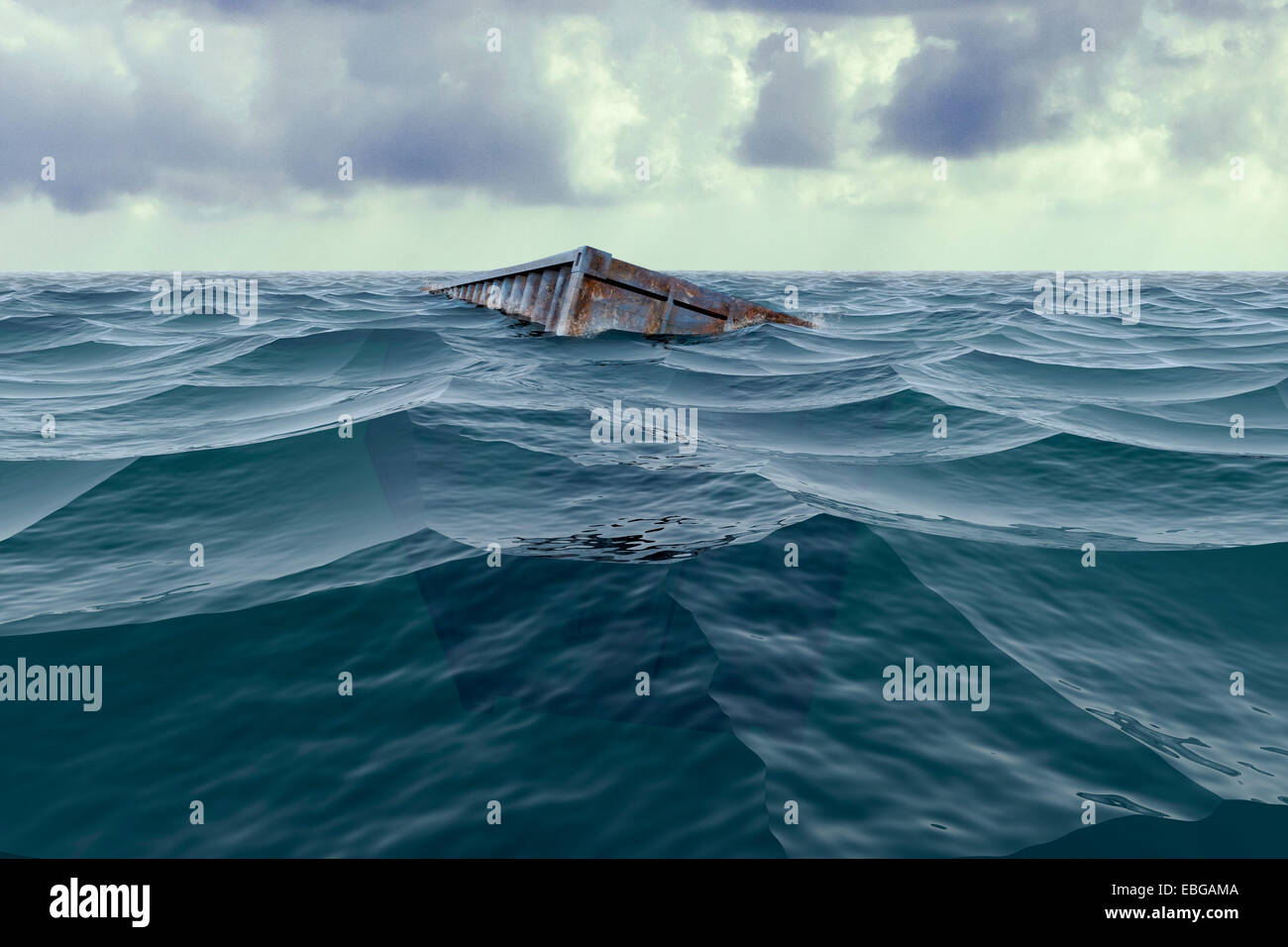 A 40 foot shipping container floating at sea just below the surface Stock Photo