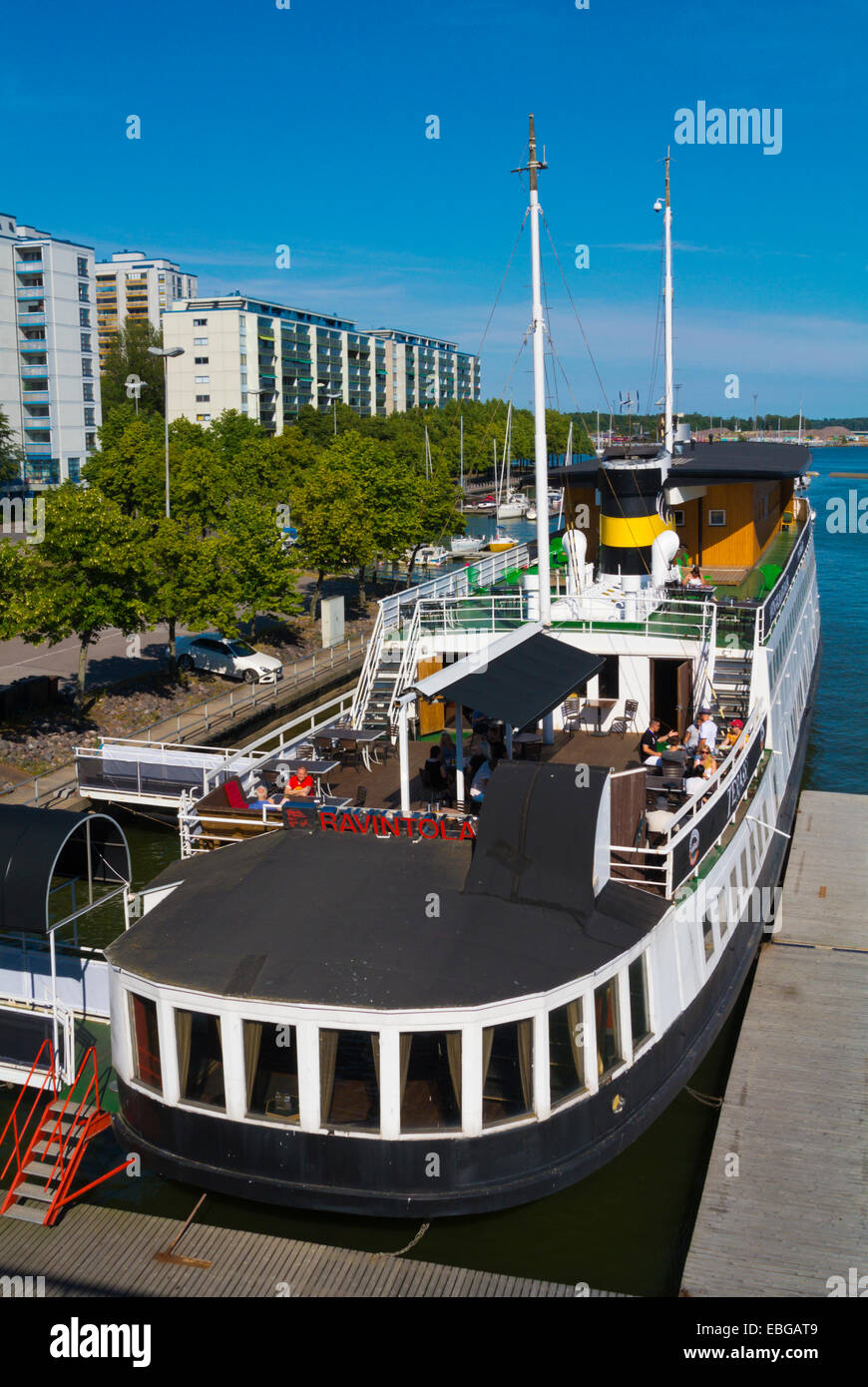 Ravintolalaiva Väiski, Boat Restaurant, in front of Hakaniemi market square and Merihaka suburb, Helsinki, Finland, Europe Stock Photo