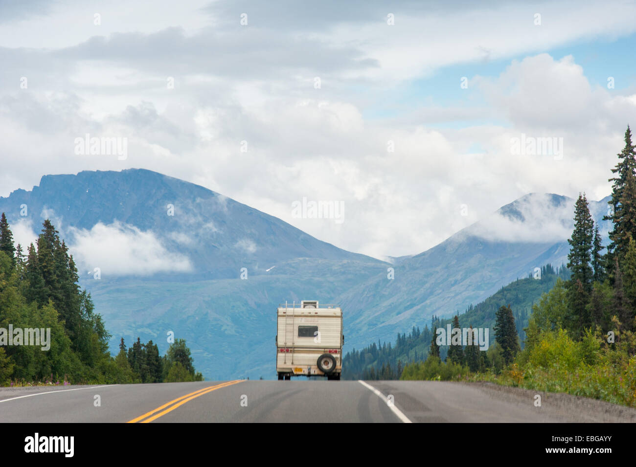 RV driving down Parks Highway, Alaska Stock Photo Alamy