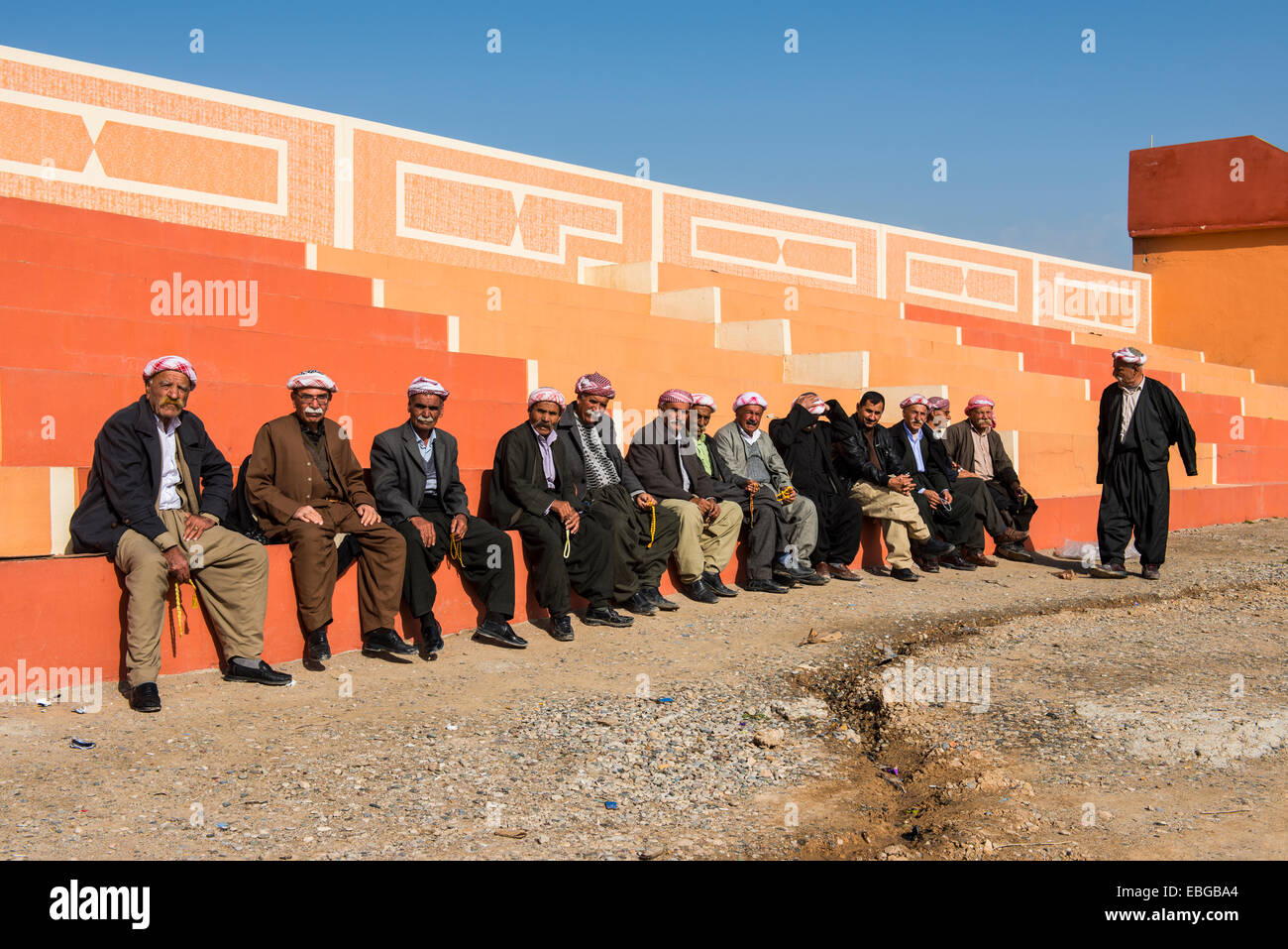 Meeting of elderly Kurdish men, Alqosh, Nineveh Province, Iraq Stock Photo