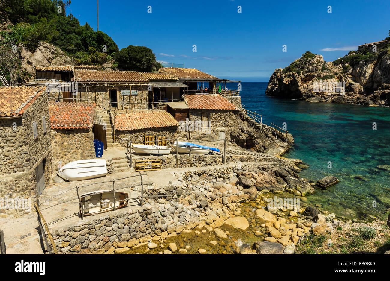 Beach with cafe at Cala Deia, Deia, Majorca, Balearic Islands, Spain Stock Photo