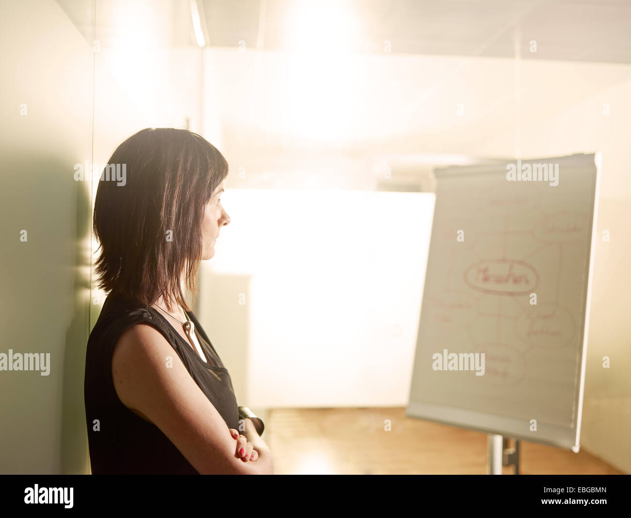 Woman standing with her arms crossed in an office, looking at a flip chart, Innsbruck, Tyrol, Austria Stock Photo
