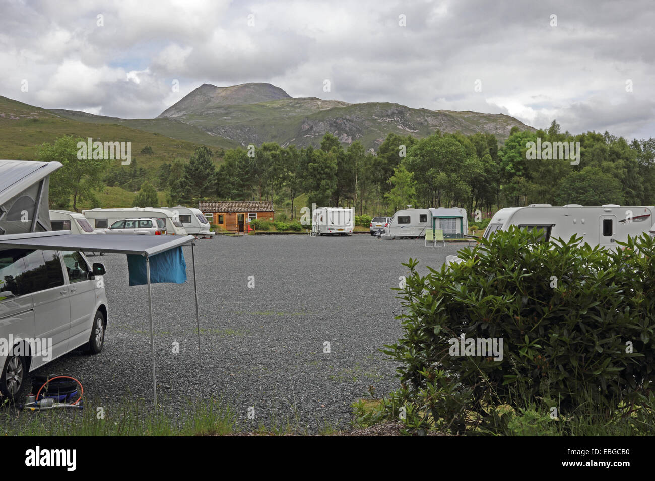 Caravan Club site at Kinlochewe, with Beinn Eighe in background. Stock Photo