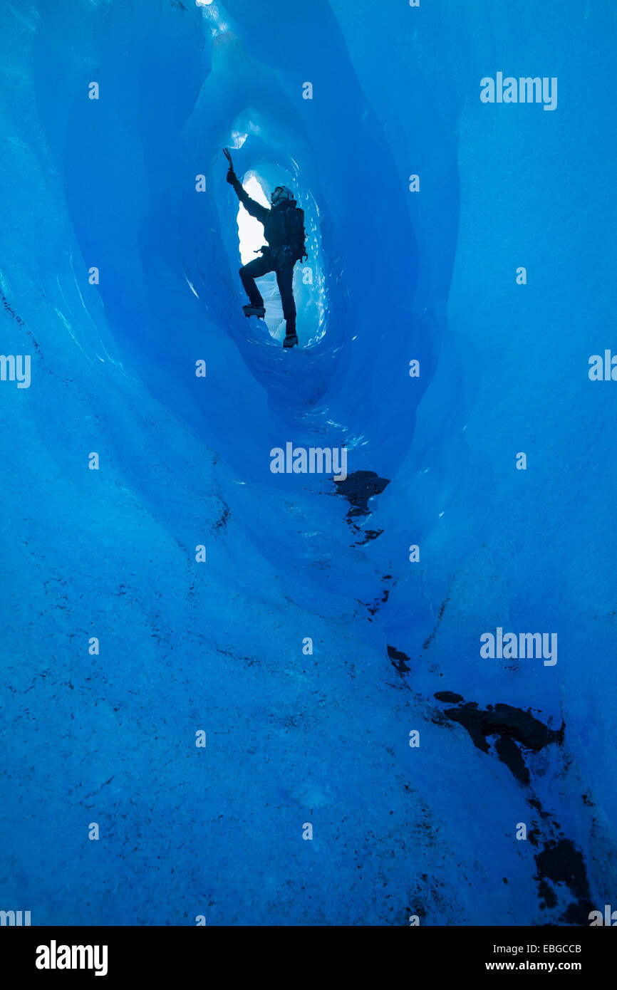 Ice climbing in an ice cave or glacier cave, Grey Glacier, Torres del Paine National Park, Chile Stock Photo