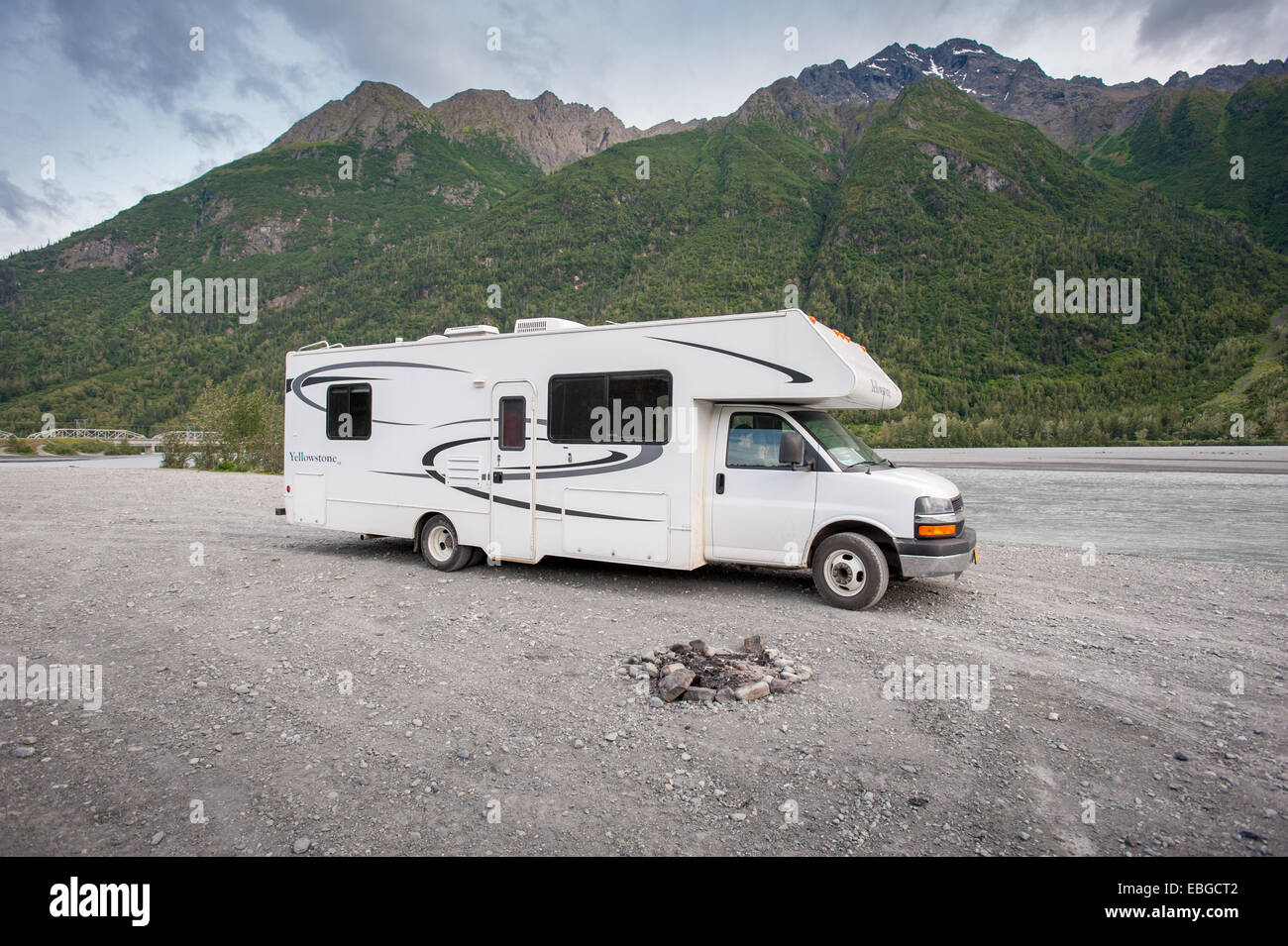 Camper and campsite on Matanuska River in Palmer Alaska Stock Photo