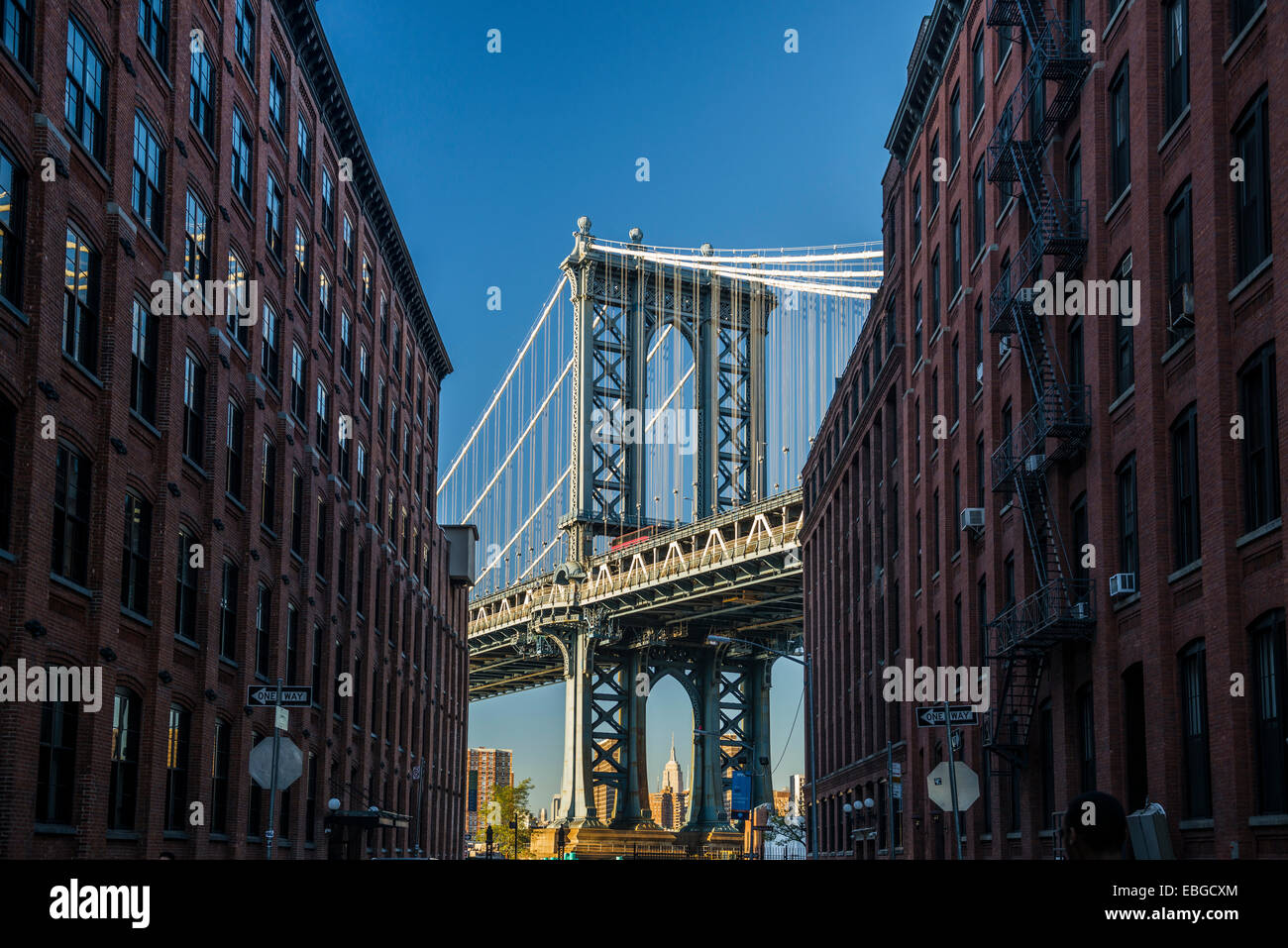 Manhattan Bridge and Empire State Building, Brooklyn Heights, New York, United States Stock Photo