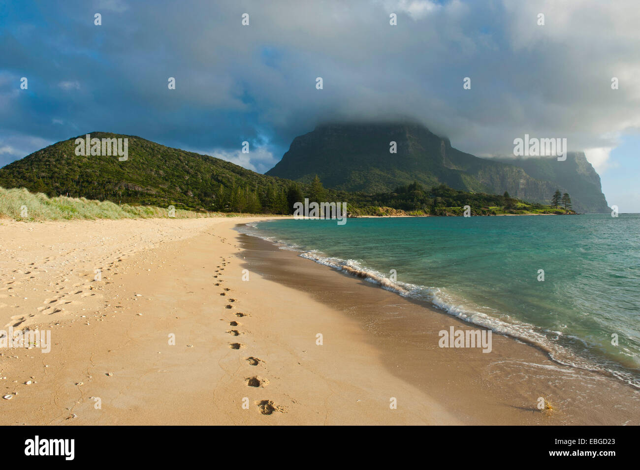 Deserted beach with Mount Lidgbird and Mount Gower at the back, Lord Howe Island, New South Wales, Australia Stock Photo