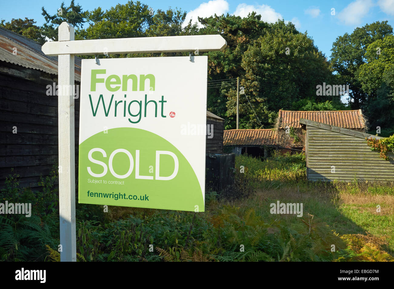 Fenn Wright estate agents sold board, Newbourne, Suffolk, UK Stock