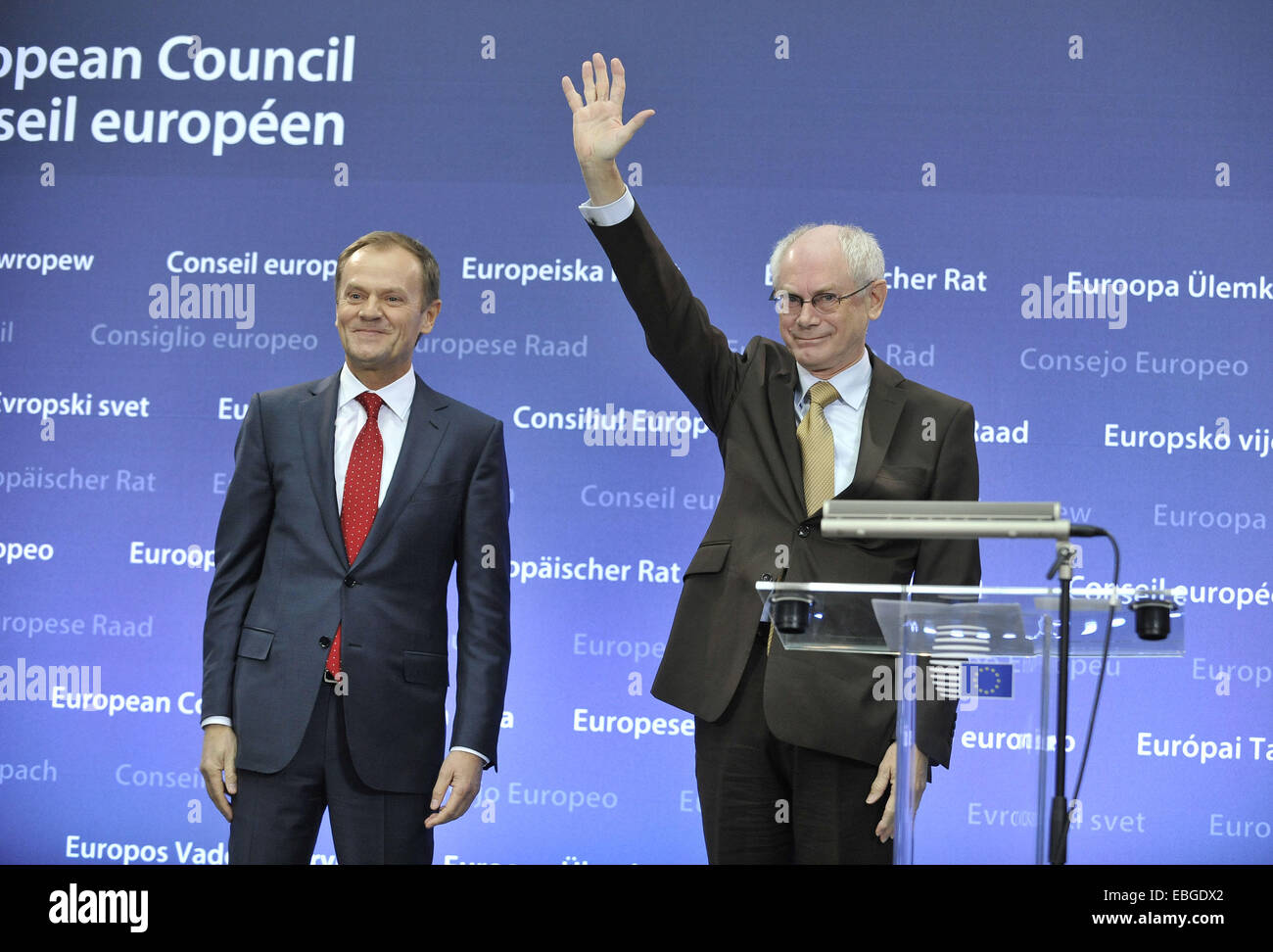 Brussels, Belgium. 1st Dec, 2014. New European Council President Donald Tusk (L) and outgoing European Council President Herman Van Rompuy attend a handover ceremony at EU Council Headquarters in Brussels, capital of Belgium, Dec. 1, 2014. Tusk has started his five-year mandate as European Council President here on Monday. Credit:  Ye Pingfan/Xinhua/Alamy Live News Stock Photo