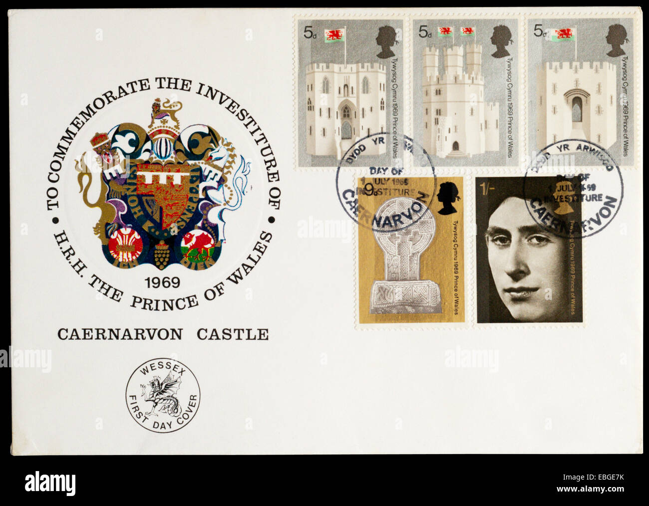 1969 First Day Cover to commemorate the Investiture of the Prince of Wales. Postmarked at Caernarvon. Stock Photo