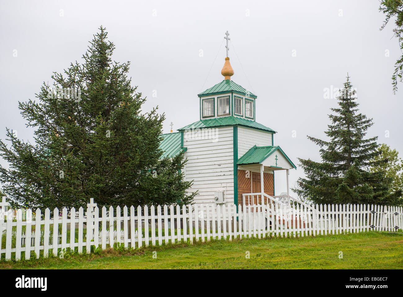 The Transfiguration of Our Lord Russian Orthodox Church with graveyard in Ninilchik, Alaska. Stock Photo