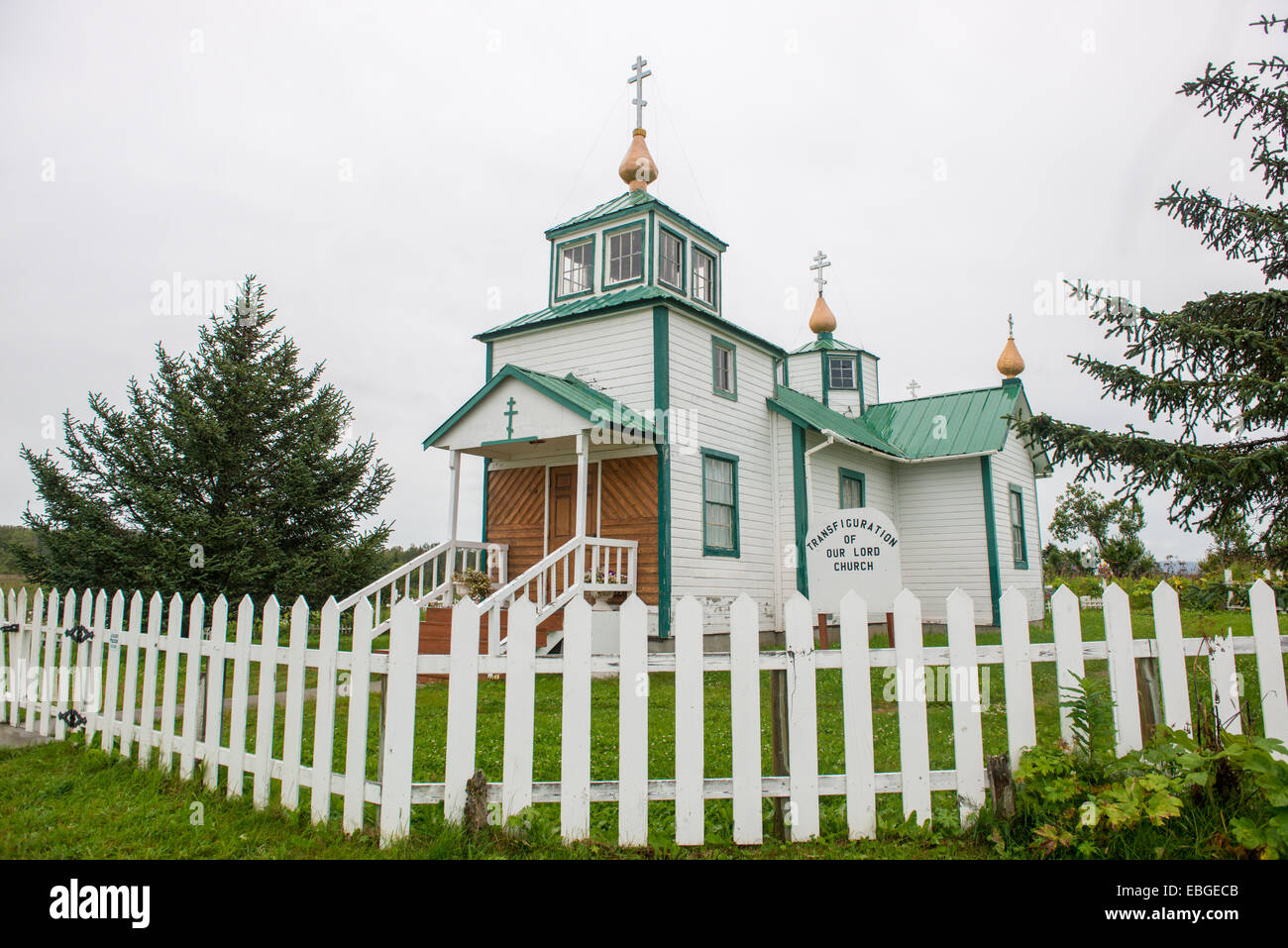 The Transfiguration of Our Lord Russian Orthodox Church with graveyard in Ninilchik, Alaska. Stock Photo
