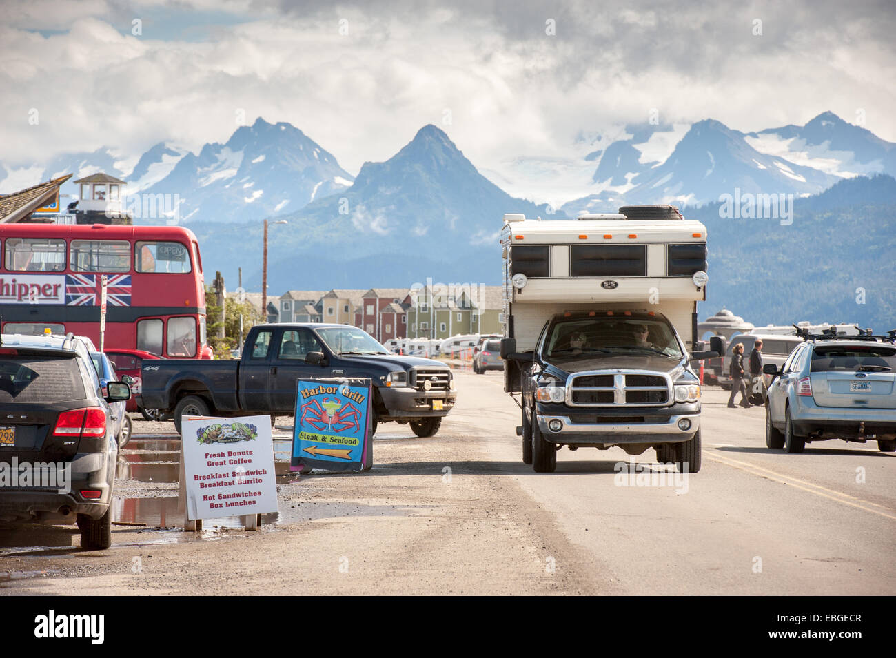 RV and truck stop near Homer Alaska marina Stock Photo