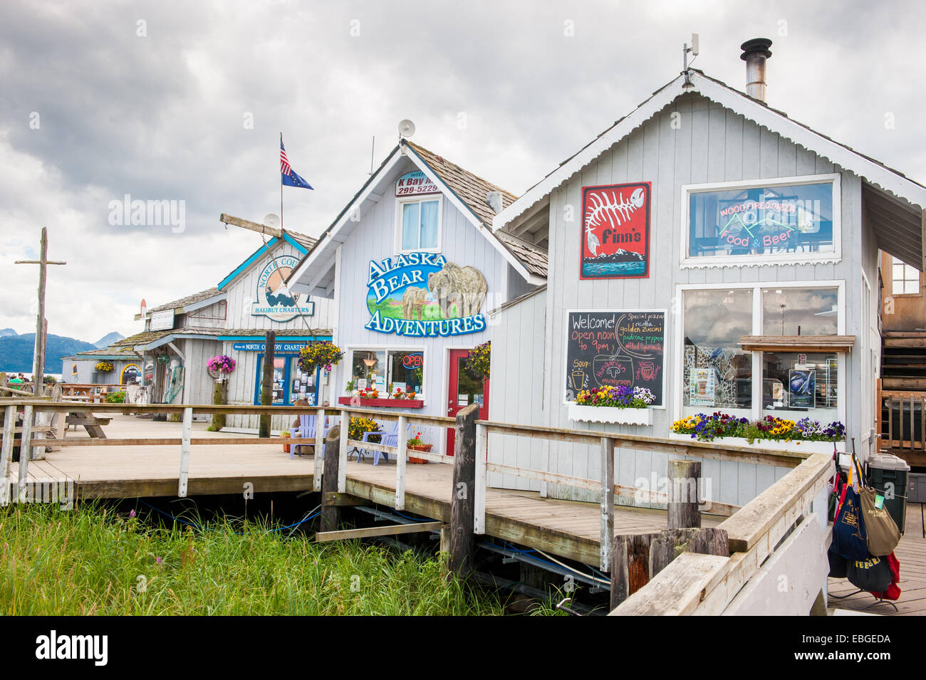 Shops and guide services in a port town if Homer, Alaska Stock Photo