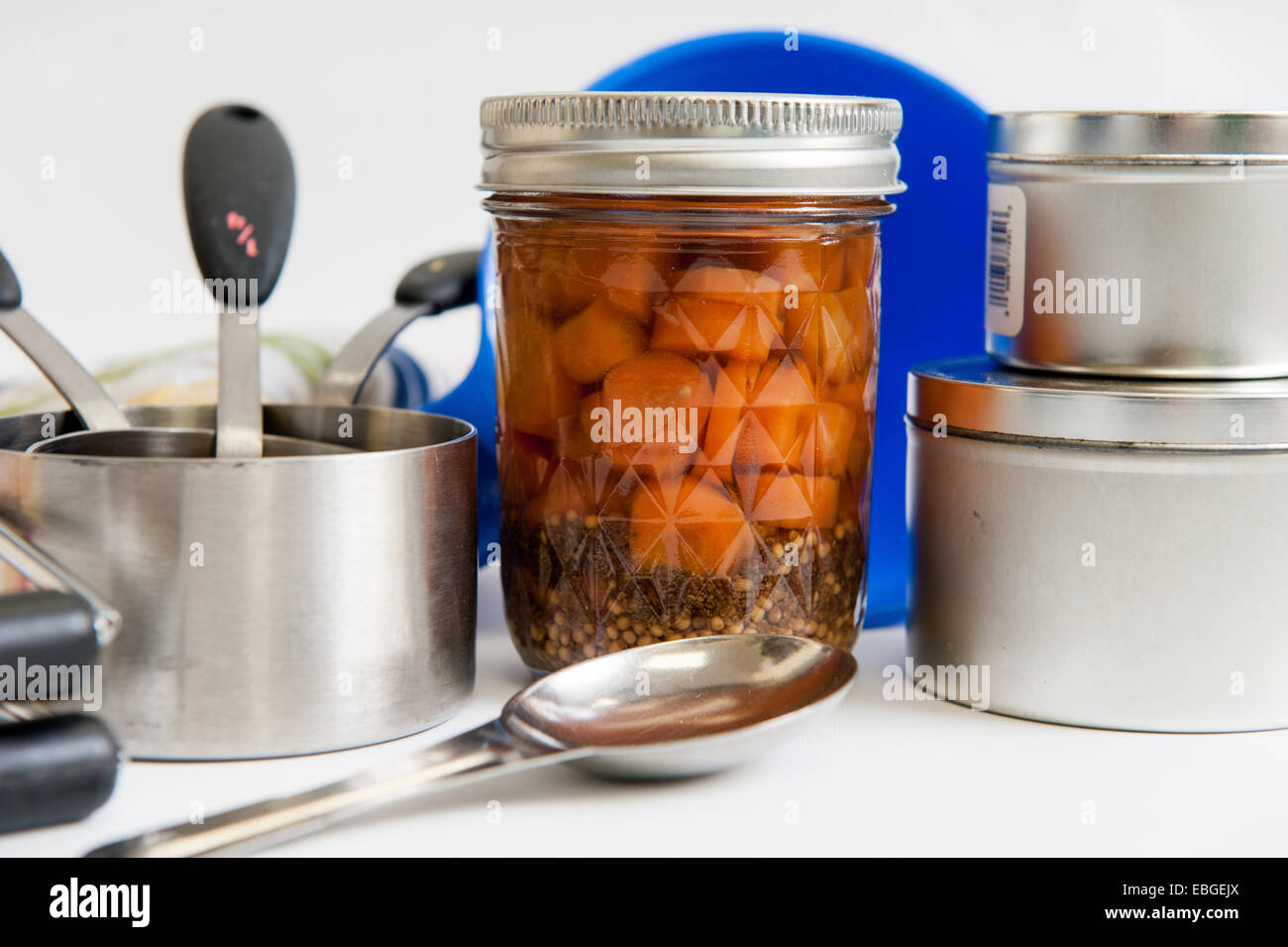 Still life image of canned spiced carrots Stock Photo