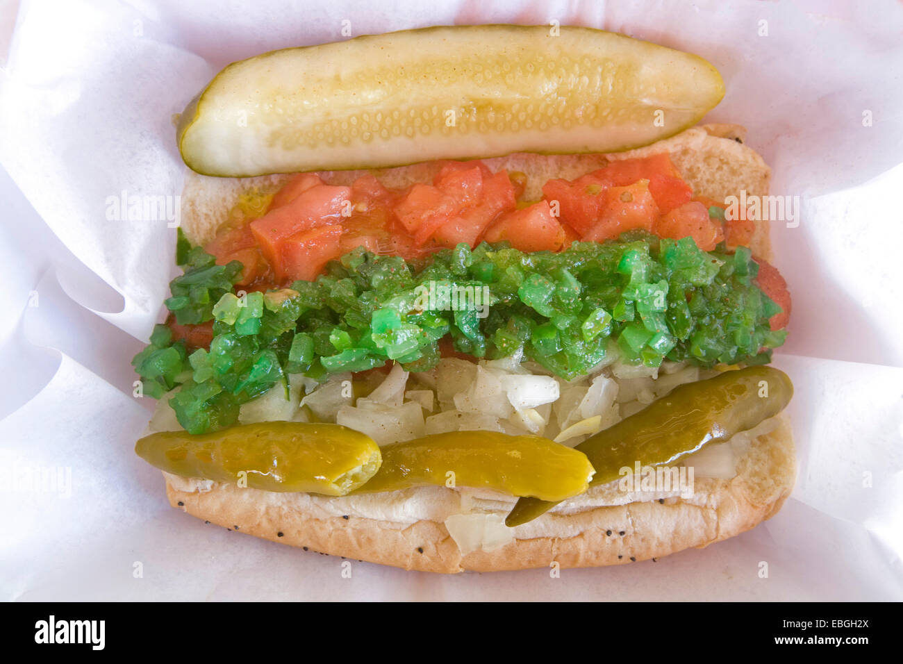 Hot Dog with 'the Works', Dogma restaurant, Miami, Florida, USA Stock Photo