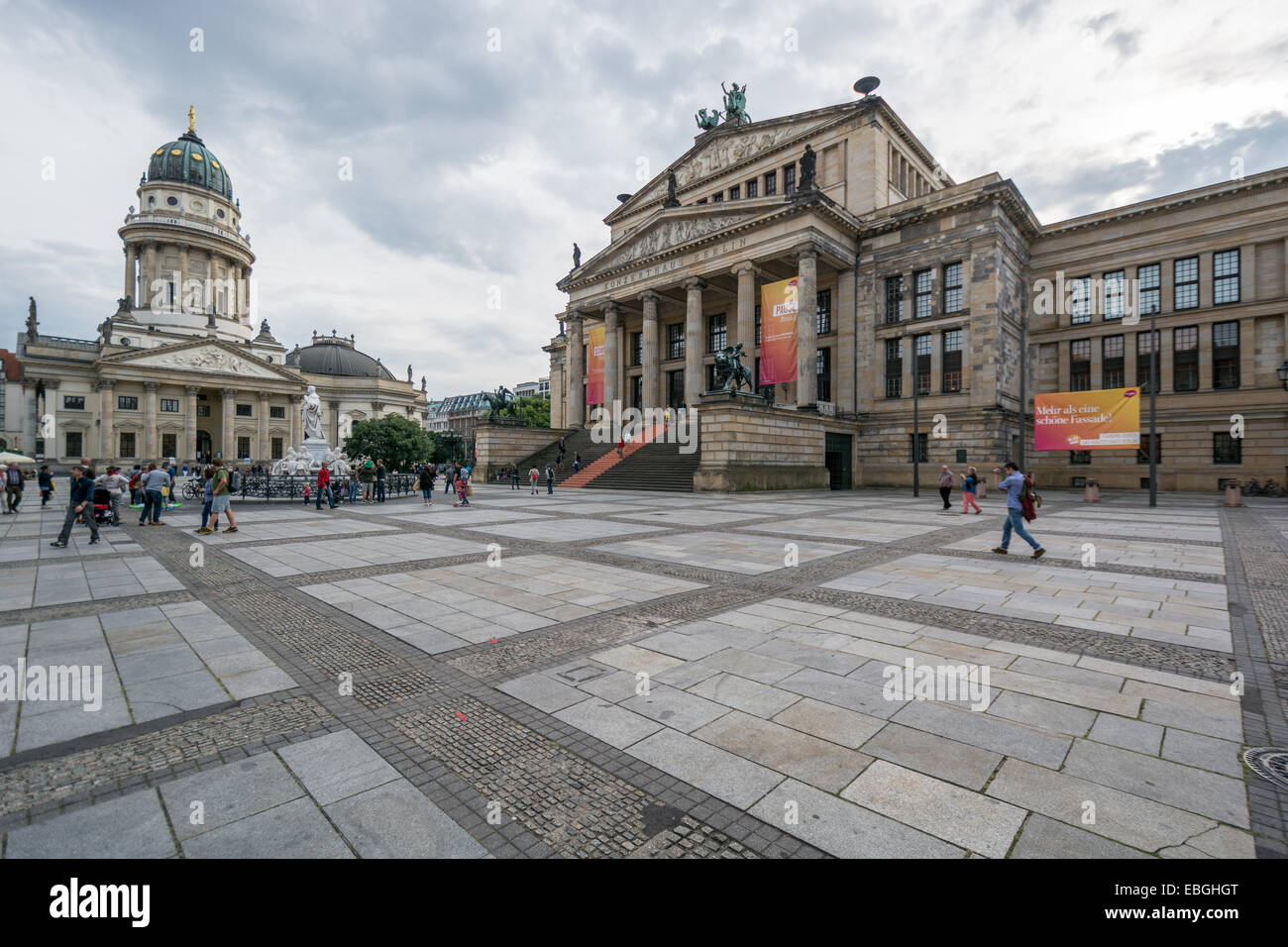 View of Gendarmenmarkt square in Berlin and site of Konzerthaus, French and German Cathedrals. Square was created by Johann Arno Stock Photo