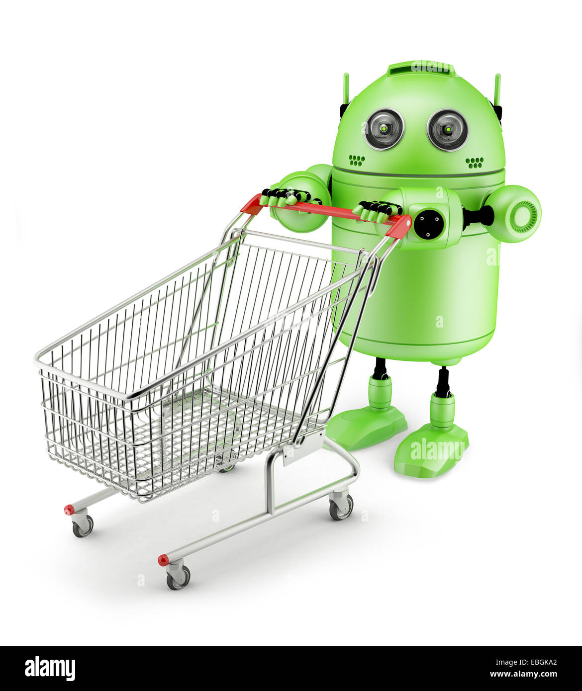 Android with shopping cart. Isolated on white background Stock Photo