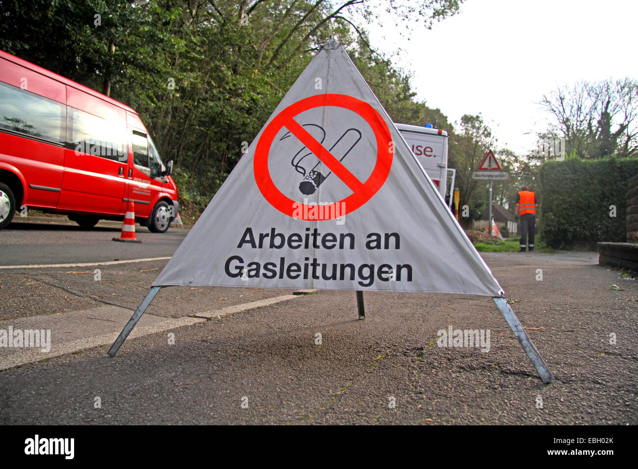 no smoking sign at workings on gas pipeline, Germany Stock Photo