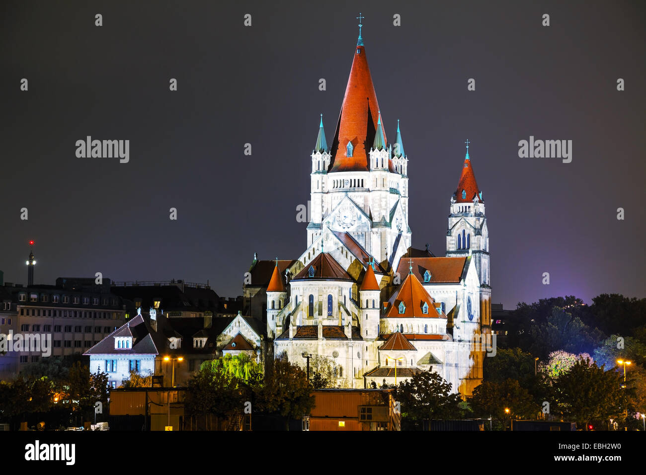 St. Francis of Assisi Church in Vienna, Austria at night Stock Photo