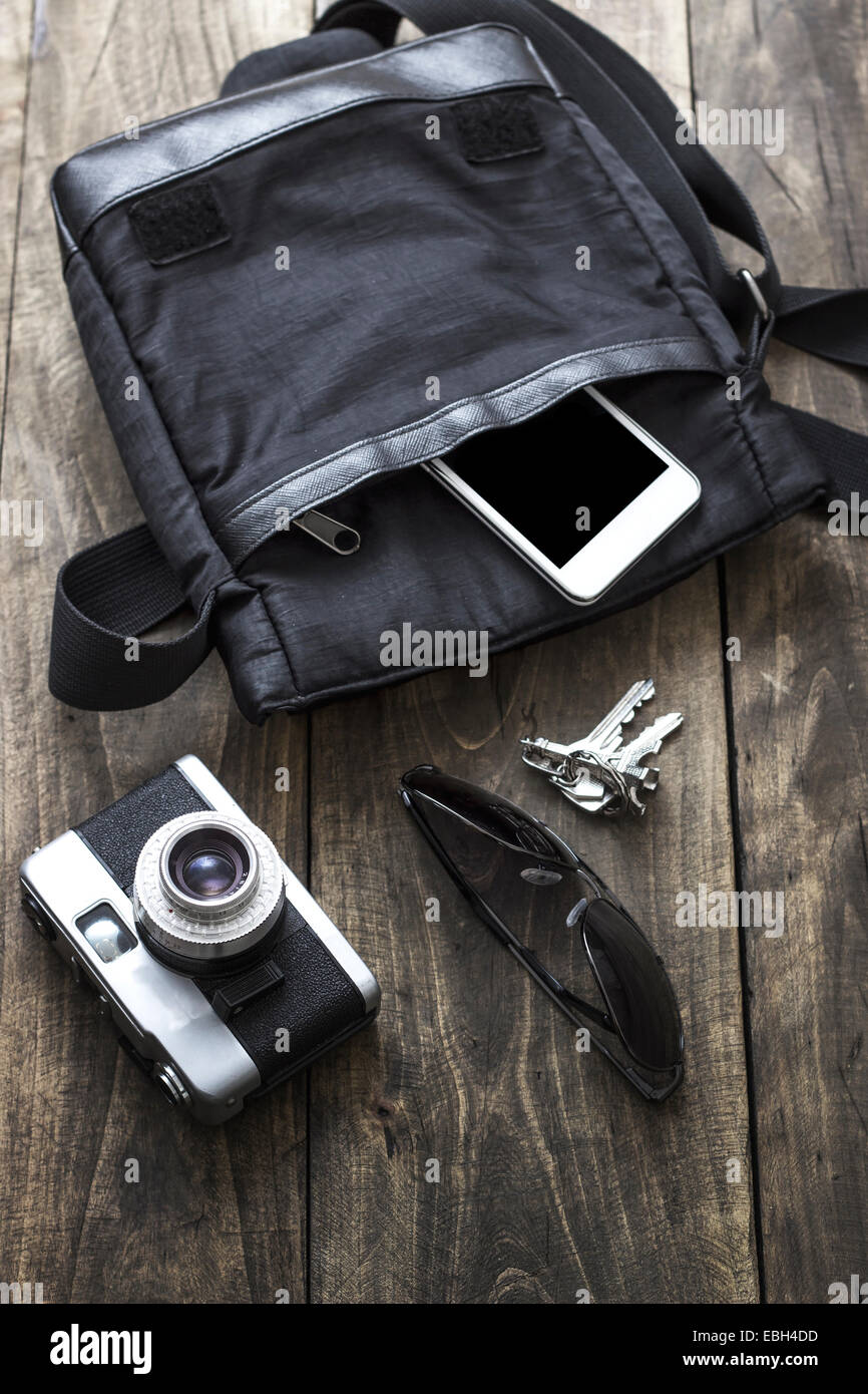 Man's bag and various personal items ,Overhead view Stock Photo Alamy