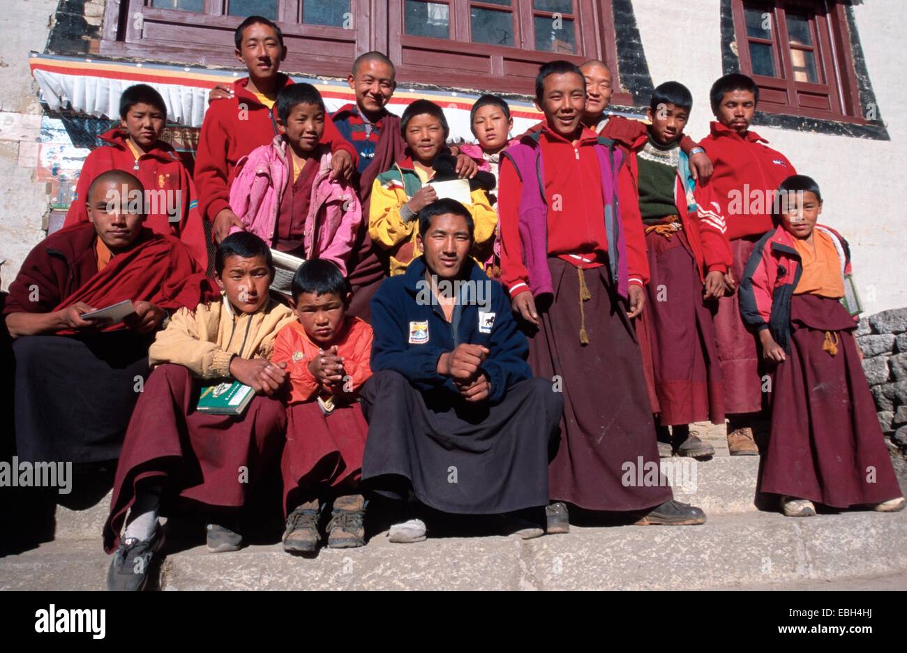 buddistic monks of the monastery community of the gompa in Tengpoche, Nepal, Khumbu Valley, Tengpoche. Stock Photo