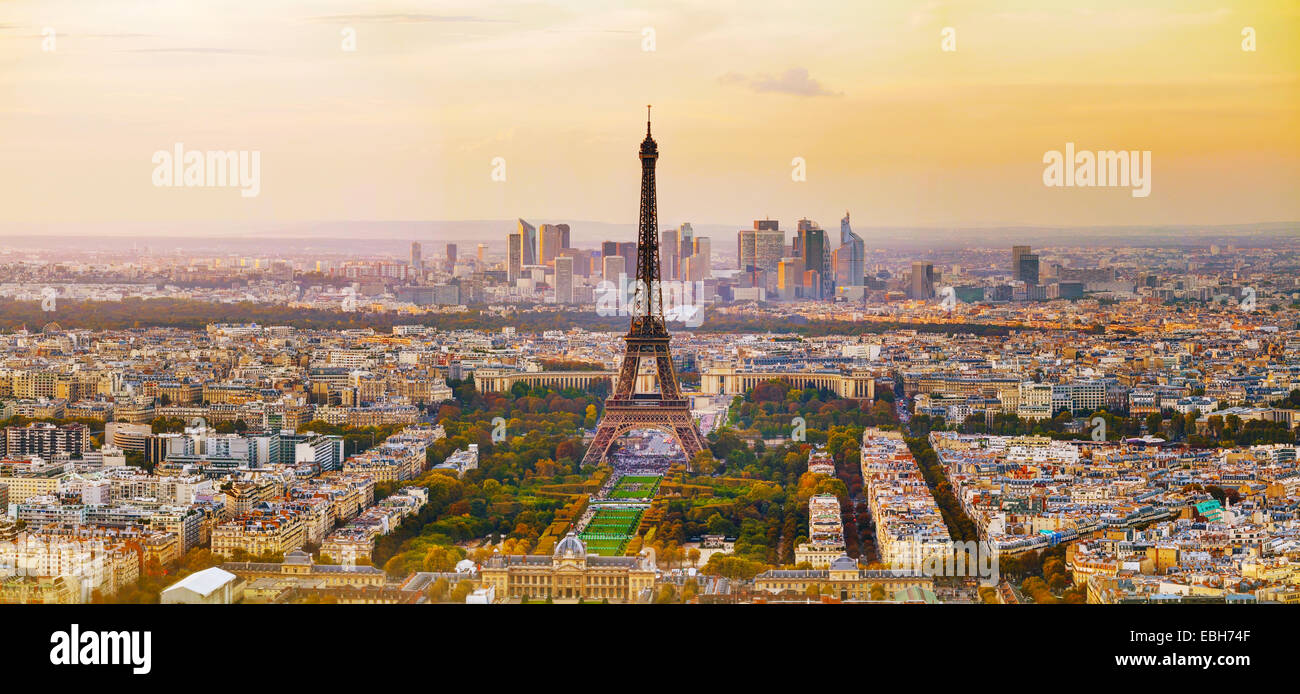 Aerial view of Paris with the Eiffel tower at sunset Stock Photo