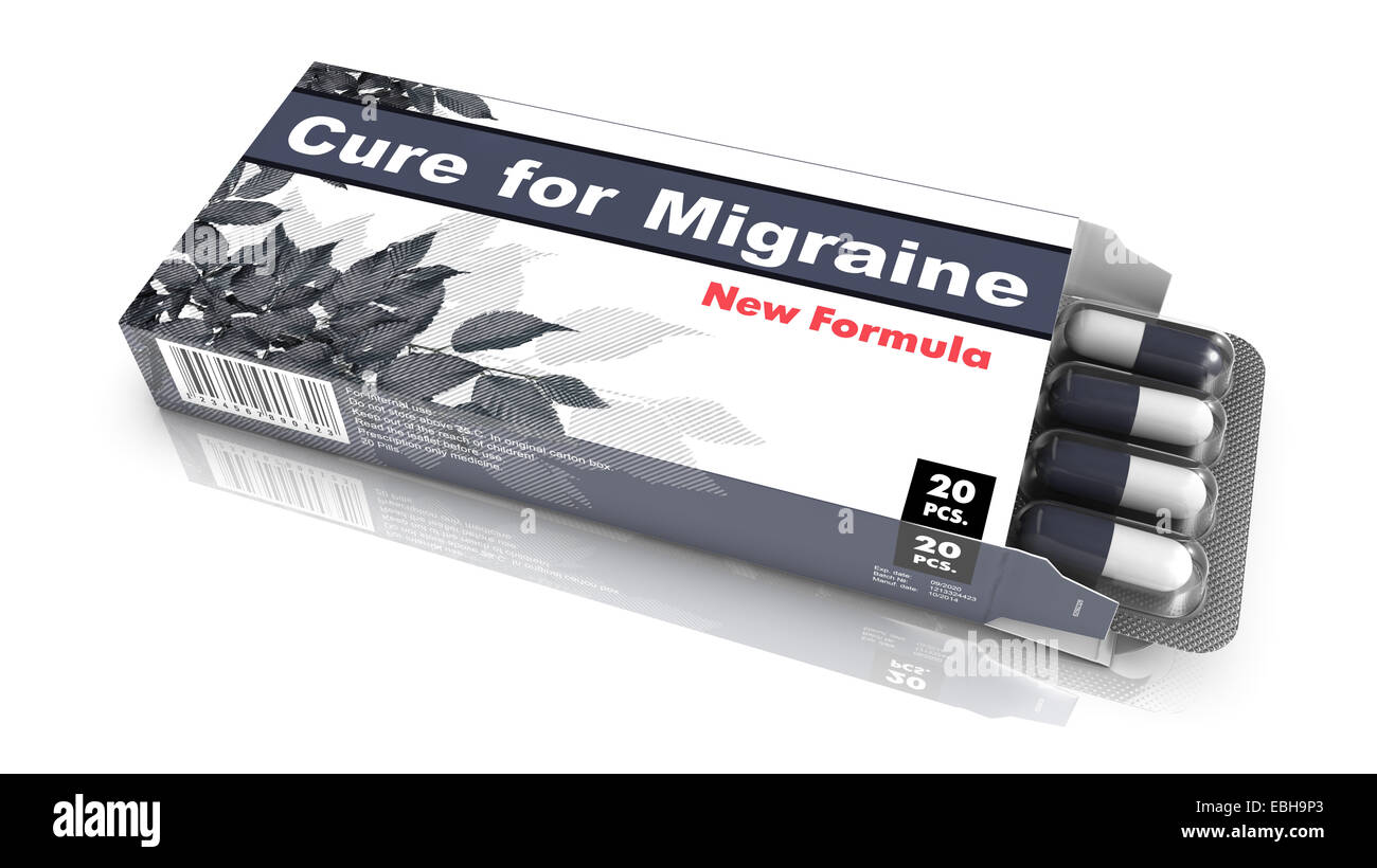 Cure for Migraine, Pills Blister getting out from Gray Box over White Background. Stock Photo
