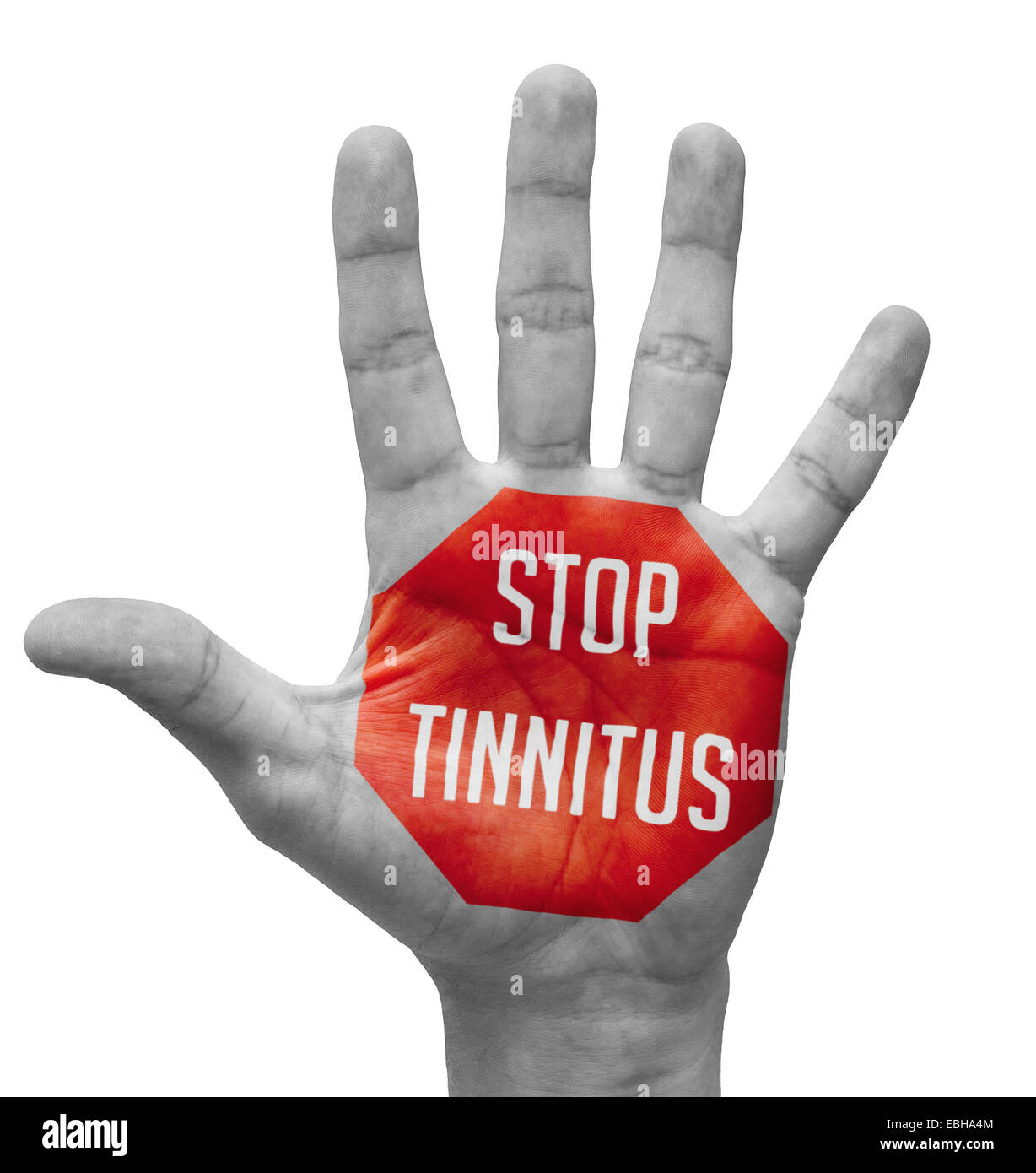 Stop Tinnitus Sign Painted, Open Hand Raised, Isolated on White Background. Stock Photo