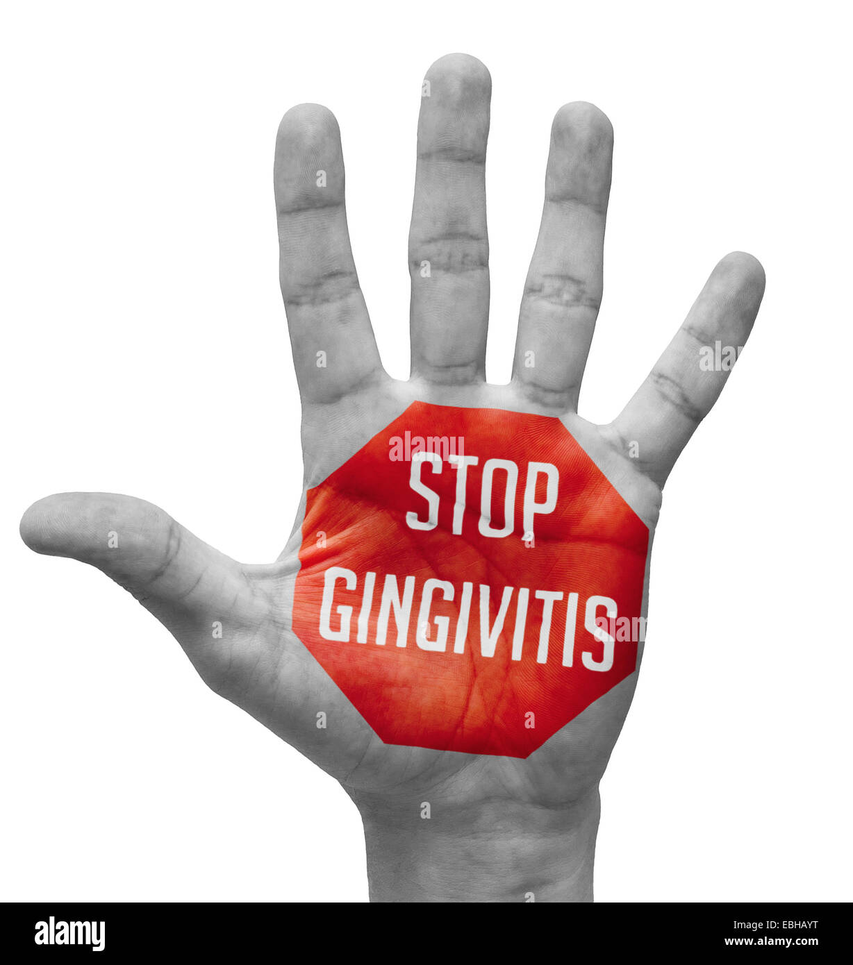 Stop Gingivitis Sign Painted, Open Hand Raised, Isolated on White Background. Stock Photo