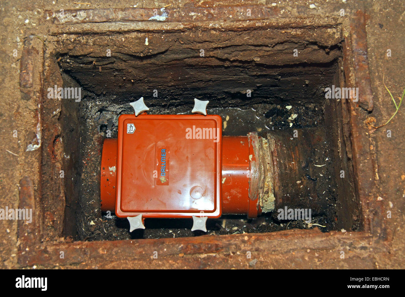 inspection shaft with backwater flap, Germany Stock Photo