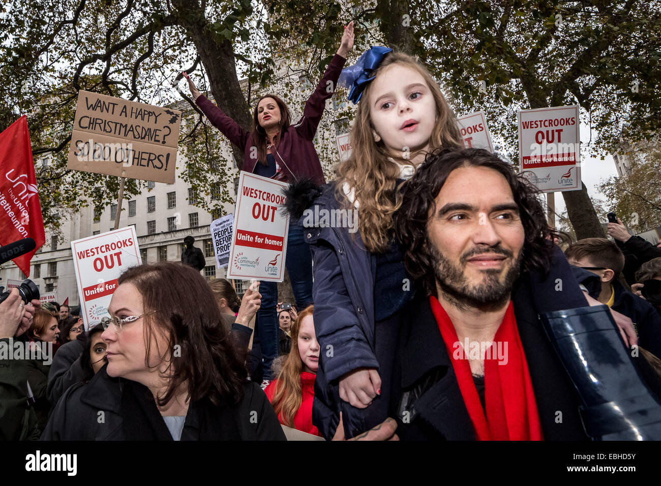 London, UK. 1st Dec, 2014.  Russell Brand joins New Era Estate housing protest in London, UK. It is reported that the US company Westbrook Partners, which owns the housing estate, is planning to evict tennants and re-let the flats at full market value. Credit:  Guy Corbishley/Alamy Live News Stock Photo