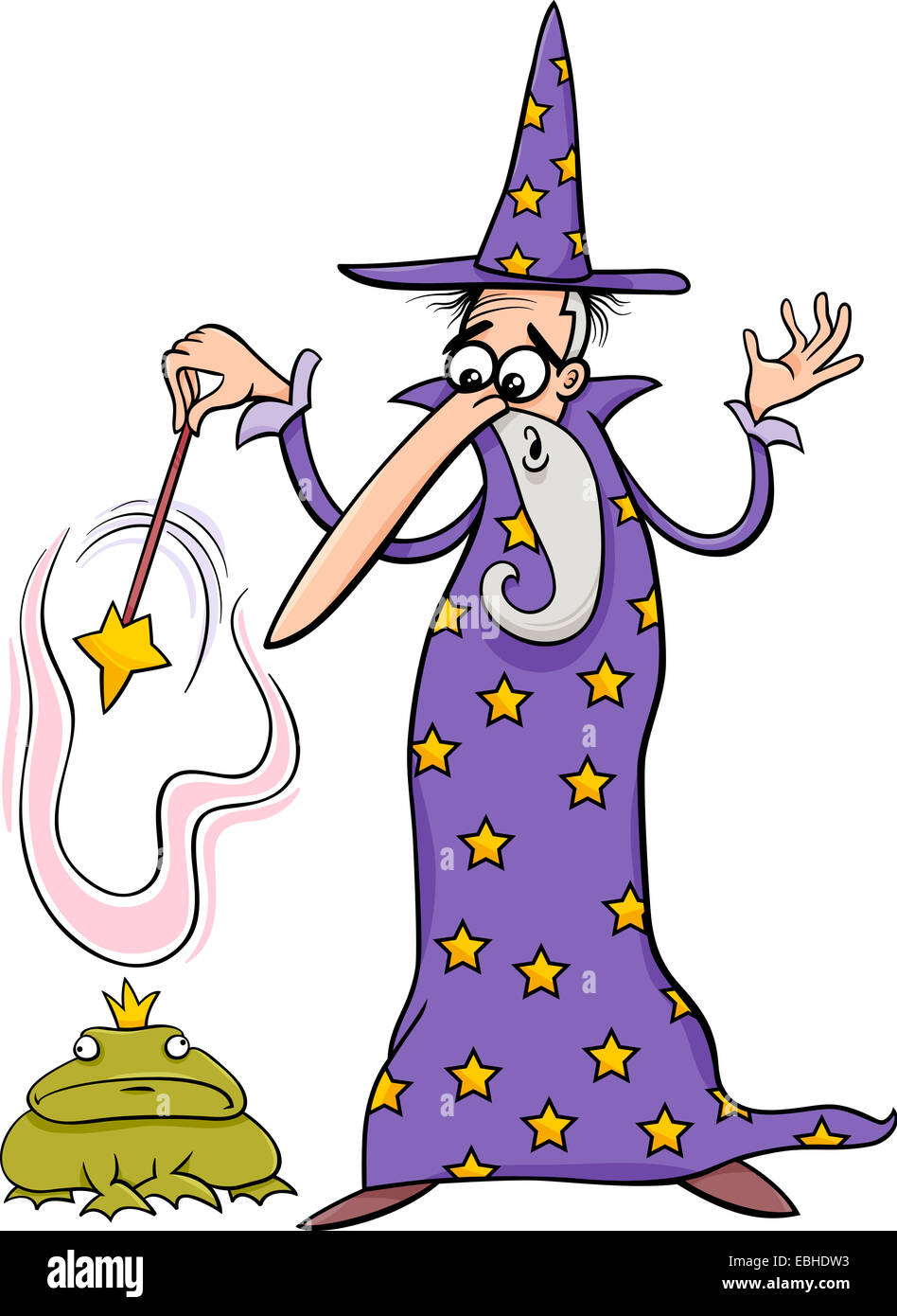 Cartoon illustration of Fantasy Wizard with Magic Wand Casting a Spell and Enchanted Frog Stock Photo