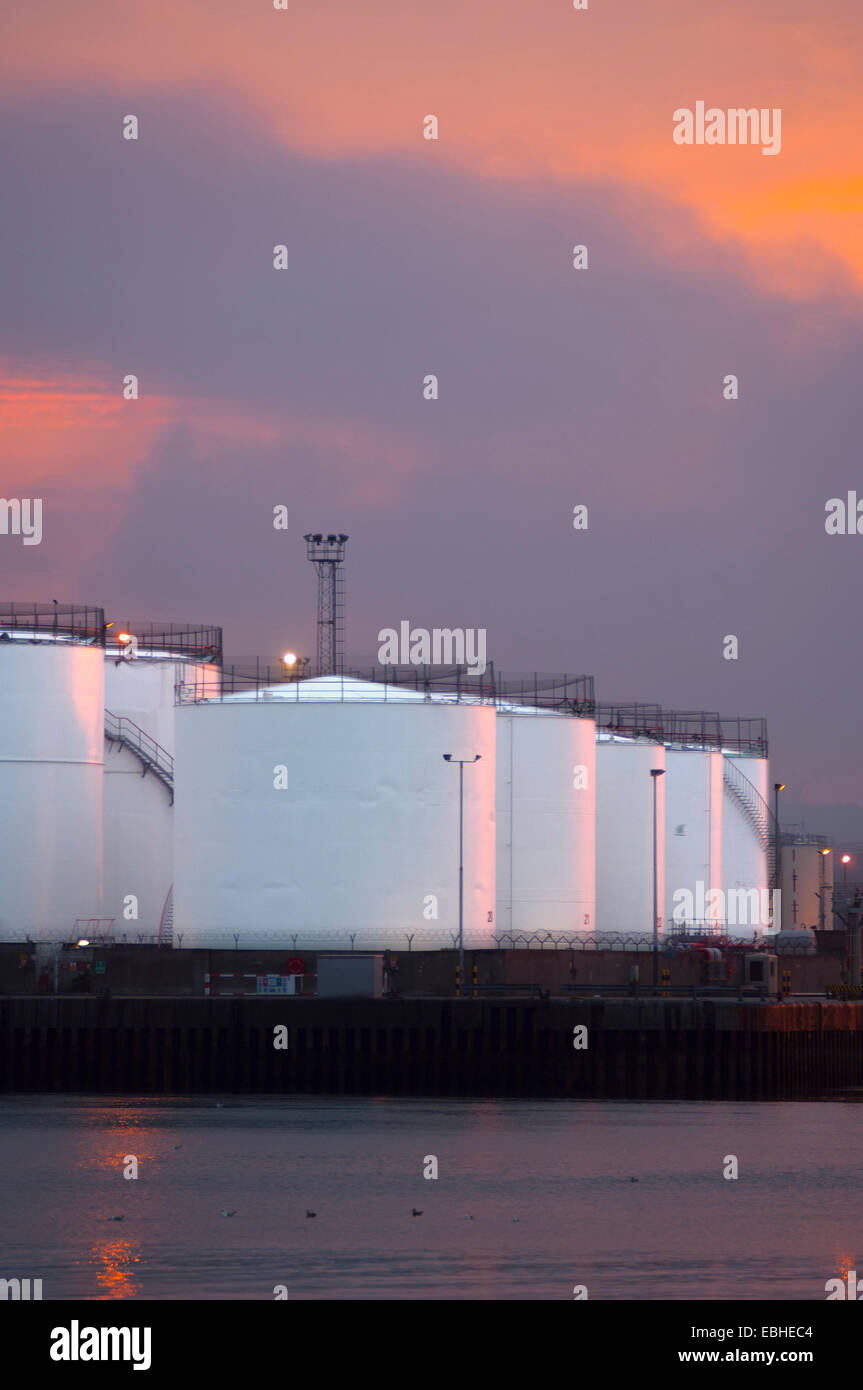 Oil or gas storage tanks, Aberdeen Harbour, Scotland Stock Photo