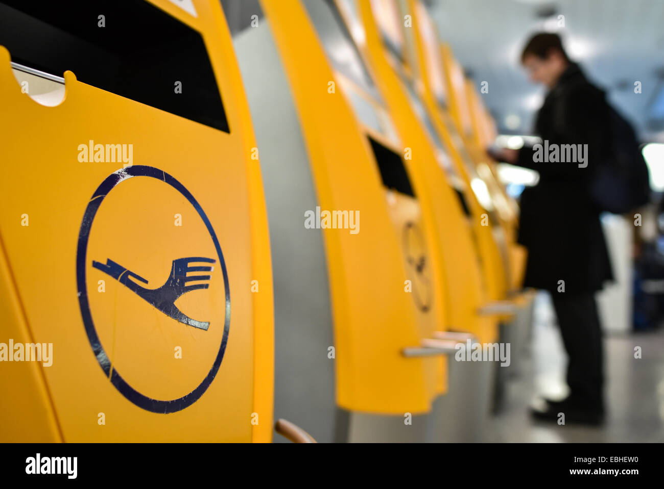 Hanover, Germany. 01st Dec, 2014. The Lufthansa logo at empty check-ins at the airport in Hanover, Germany, 01 December 2014. The pilots union Vereinigung Cockpit (VD) announced the strike in Germany on Monday from 12:00 pm to 11:59 pm. Photo: OLE SPATA/dpa/Alamy Live News Stock Photo