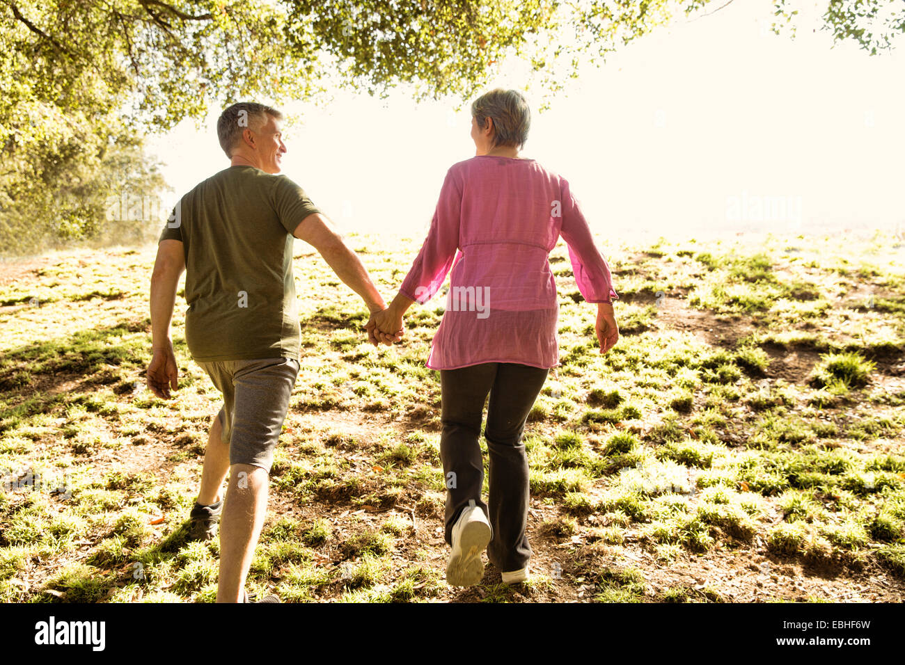 Rear view of mature couple power walking in park Stock Photo