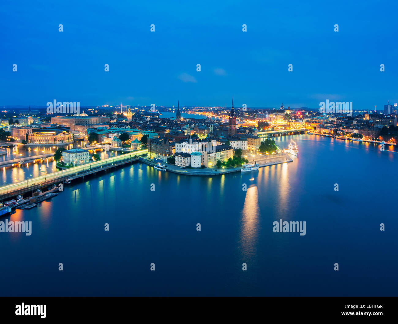 Waterfront and city lights at night, Stockholm, Sweden Stock Photo