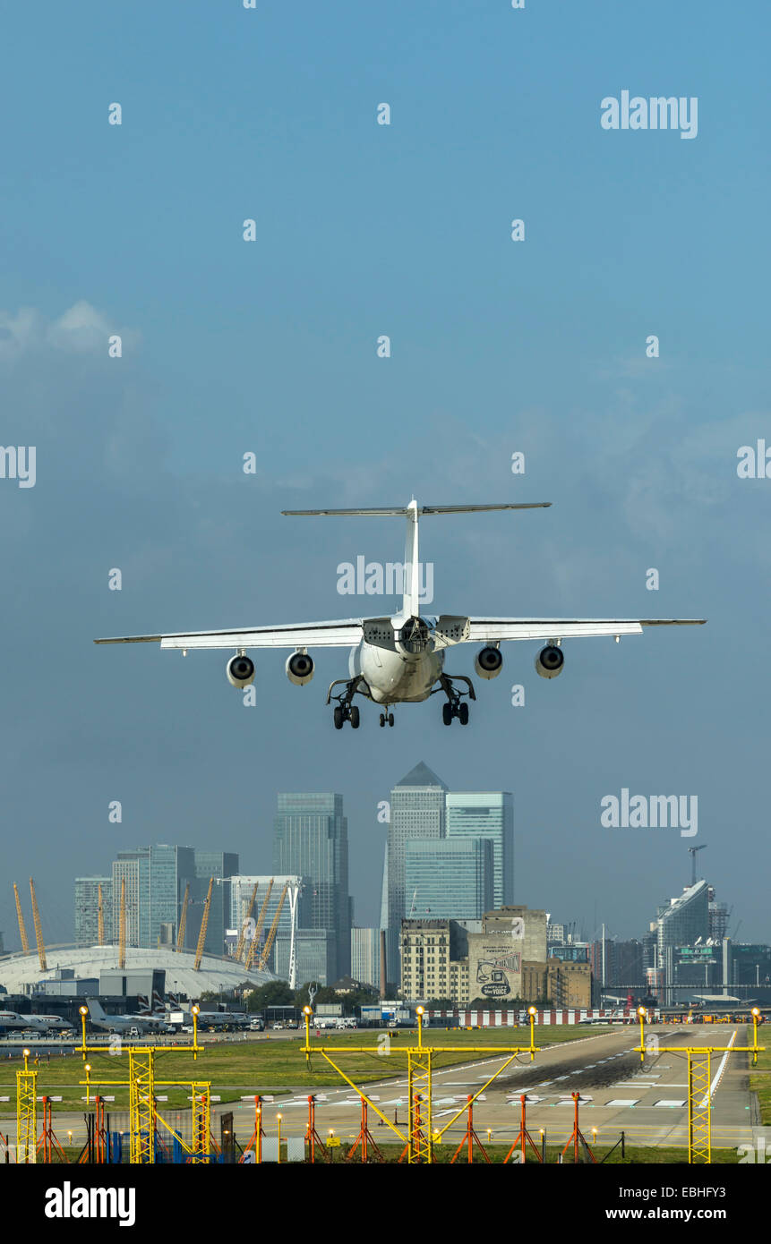 Plane coming into land, London City Airport, England, UK Stock Photo