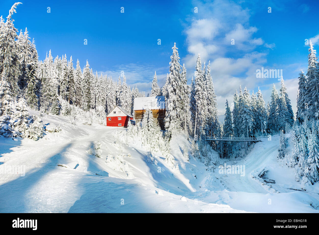 Secluded houses and bridge on a snowy mountain Stock Photo