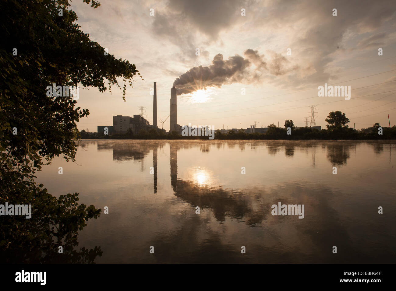 Detroit Edison Power Station and river Raisin at sunset, Monroe, Michigan, USA Stock Photo