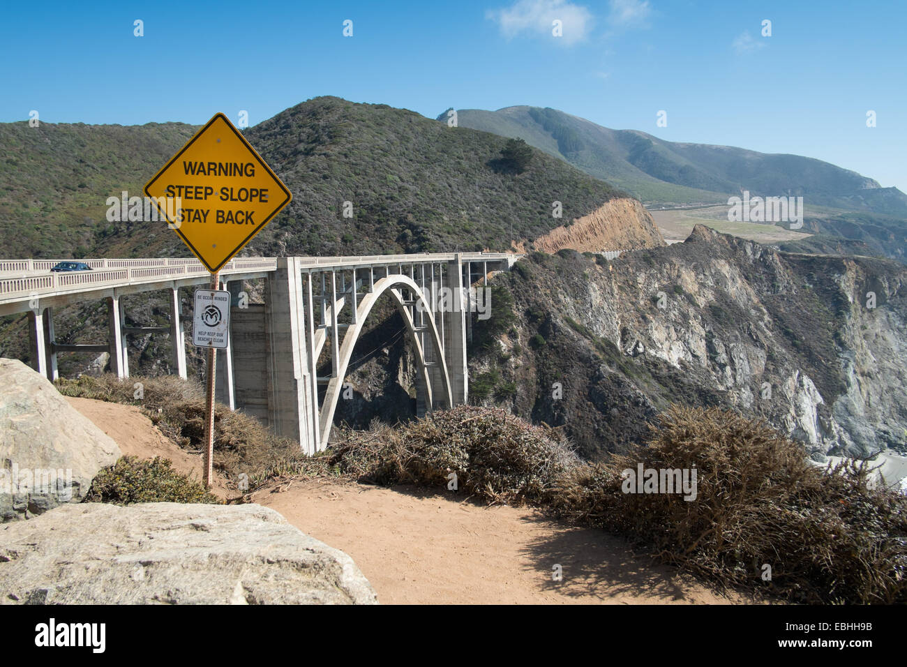 Cliff edge warning sign, highway 1, Big Sur, California, USA Stock Photo