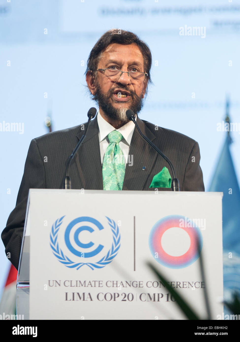 Lima, Peru. 1st Dec, 2014. Rajendra Kumar Pachauri, chairman of the Intergovernmental Panel on Climate Change addresses the opening meeting of the plenary session of the 20th Conference of the Parties (COP 20) of the United Nations Framework Convention on Climate Change (UNFCCC) in Lima, capital of Peru, Dec. 1, 2014. The annual UN global climate change talks started in the Peruvian capital of Lima on Monday amid hopes for hammering out a new international climate deal ahead of key talks in Paris in 2015, but this year's talks were expected to be intense. Credit:  Xu Zijian/Xinhua/Alamy Live N Stock Photo
